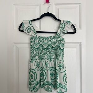 White & Green Embroidered Ruffle Tank